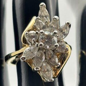 Vintage Ring Cubic Zirconia Cluster Marquis 14 KT. Gold Plated Yellow White Gold